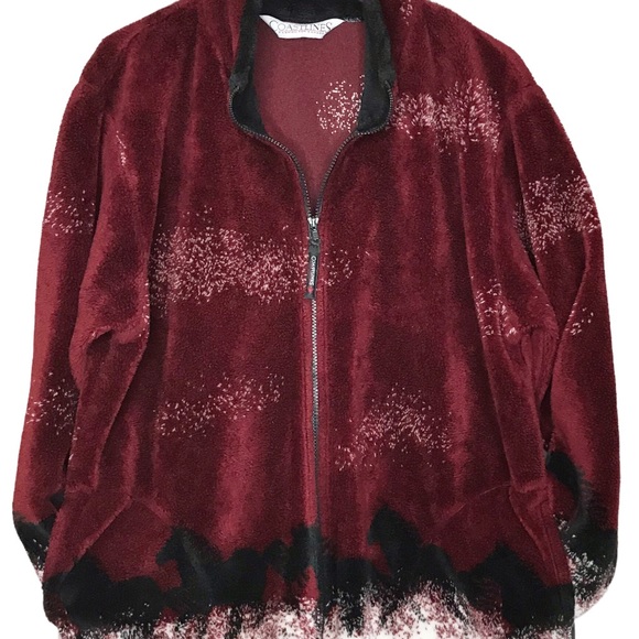 Large Vintage Coastlines Plush Zip Up Burgundy Teddy Jacket Coastal Coat - Picture 6 of 11